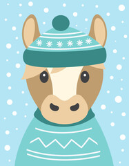 cartoon winter card of horse on snow background