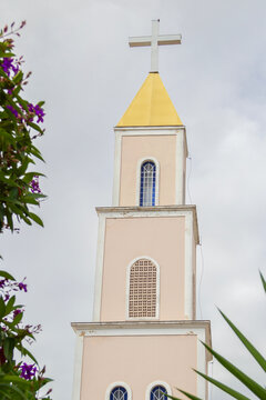 Detalhe da torre da  Paróquia Nossa Senhora D'abadia, vista entre plantas, na cidade de Anápolis.