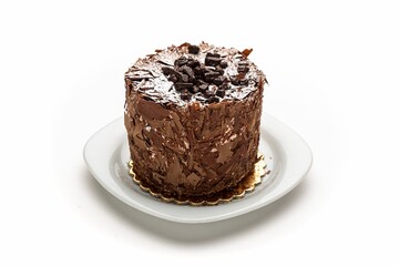 Isolated shot of a plate of chocolate cake on a white background