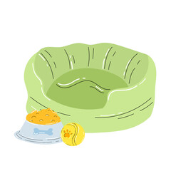 Green soft dog bed with food bowl and yellow ball with paw. Dogs place for sleep and relax. Flat style minimalist vector illustration. Pet stuffs
