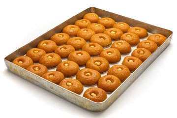 Isolated shot of a tray of a Turkish treat called sekerpare on a white background