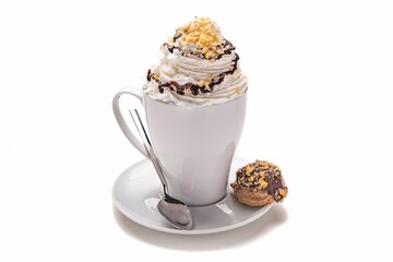 Isolated shot of a drink in a mug with whipped cream on top and a cookie on the side