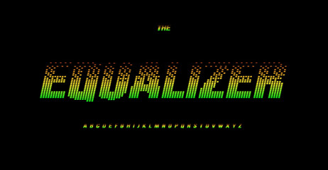 Equalizer font, sound graphic typeset, audio wave alphabet, voice frequency type. Music, talk, record graphic letters, vector typographic design