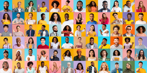 Fototapeta na wymiar Happy Excitement. Portraits Of Joyful Multiethnic Men And Women On Colorful Backgrounds
