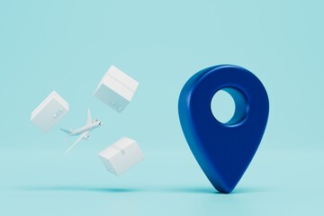delivery of parcels by plane along the specified route. aircraft, parcels and gps point on a blue background. 3D render - obrazy, fototapety, plakaty