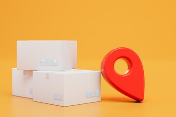 delivery of parcels to the specified address. parcel and red gps dot on a orange background. 3D render - obrazy, fototapety, plakaty