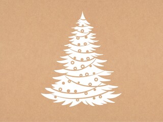Spruce  illustration on craft background. Minimalist illustration. White spruce. Christmas tree with garlands 
