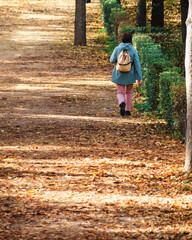 Woman walking in nature along a path full of brown autumn leaves