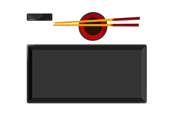 Traditional japanese utensils for sushi. Colorful wooden sushi sticks, plate with soy sauce, square plate. Asian food utensils isolated on white background. Flet vector top view illustration © Елена Кутузова