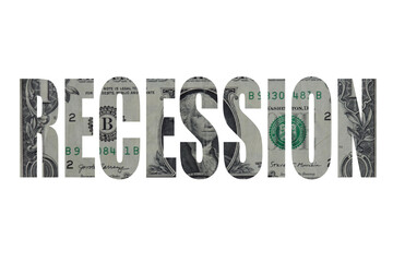RECESSION Concept Word 1 US Dollar Banknote Money Texture on White Background