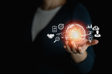 woman Hand holding virtual Global Internet connection metaverse. Business global internet connection application technology and digital marketing, Financial and banking, Digital link tech, big data.