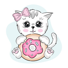 Cute baby cat girl. Kitten with sweet donut. Vector illustration for print design