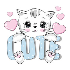 Cat kitten white face head with lettering inscription Cute 