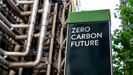 Zero Carbon Future on a sign in front of an Industrial building