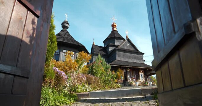 Church of the Nativity of the Blessed Virgin Mary of 17-18 centuries in Vorokhta, western Ukraine, Carpathians. Church belongs to Hutsul school of traditional temple building, was build without nails