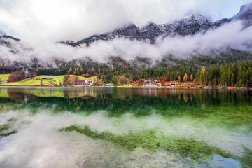 Fototapeta na wymiar The Hintersee Lake at rainy day in Germany