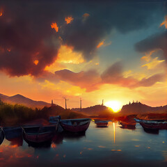 A illustration of sunny sky in at sunset.	