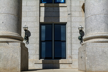 Fototapeta na wymiar Column Terrace and Front doors in Capitol. Government Building on a sunny day. . High-quality photo