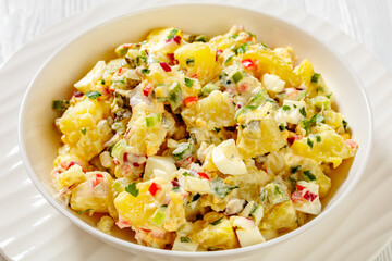 shout hallelujah potato salad in white bowl