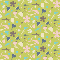Medium scale stylised floral scattered repeat pattern on a chartreuse background