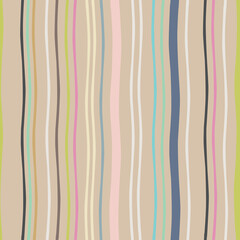 Medium scale wiggly hand-drawn vector stripe pattern on a beige background with colourful stripes