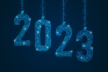 Abstract isolated blue image of new year number 2023. Polygonal low poly wireframe illustration looks like stars in the blask night sky in spase or flying glass shards. Digital web, internet design. © Katsiaryna