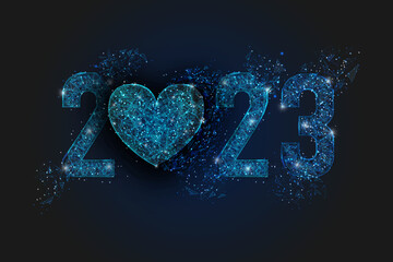 Abstract isolated blue image of new year number 2023. Polygonal low poly wireframe illustration looks like stars in the blask night sky in spase or flying glass shards. Digital web, internet design. © Katsiaryna
