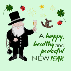 Vector - Chimney sweeper with four leaf clover,  ladybug and other symbols to the New Year.