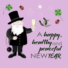 Vector - Chimney sweeper with four leaf clover,  ladybug and other symbols to the New Year.