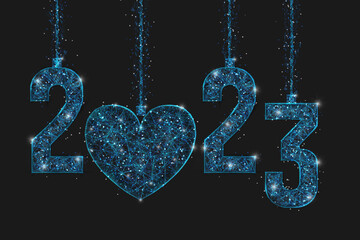 Abstract isolated blue image of new year number 2023. Polygonal low poly wireframe illustration looks like stars in the blask night sky in spase or flying glass shards. Digital web, internet design. © Katsiaryna