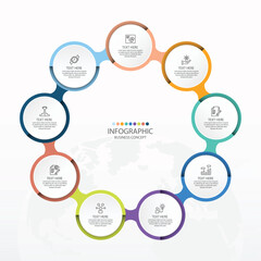 Basic circle infographic with 9 steps, process or options.