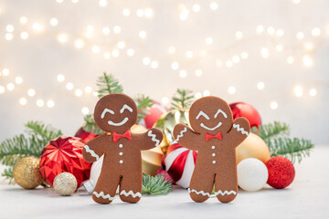 Cute Gingerbread man for Merry Christmas card. Cozy concept of Christmas and winter holidays.