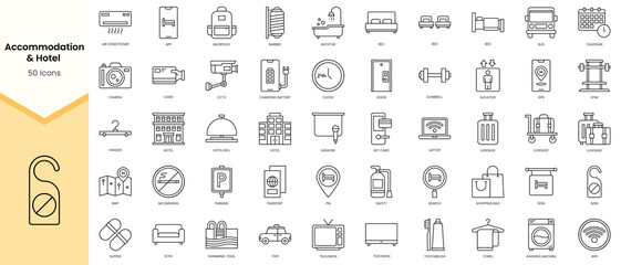 Fototapeta na wymiar Simple Outline Set of Accommodation and Hotel icons. Linear style icons pack. Vector illustration
