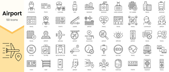 Obraz na płótnie Canvas Simple Outline Set of Airport icons. Linear style icons pack. Vector illustration