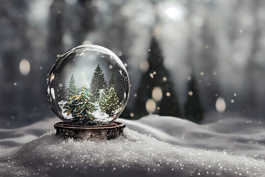 Glass globe on snow with a winter forest inside, winter background, AI generated image