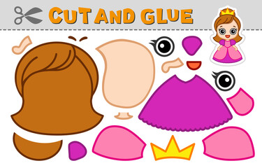 Cut out applique and glue a princess. Vector illustration. Paper game for children's creativity, activity and learning