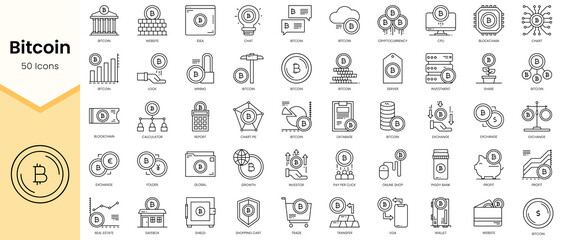 Plakat Simple Outline Set of Bitcoin icons. Linear style icons pack. Vector illustration