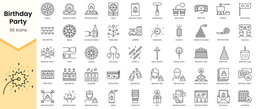 Simple Outline Set of Birthday Party icons. Linear style icons pack. Vector illustration