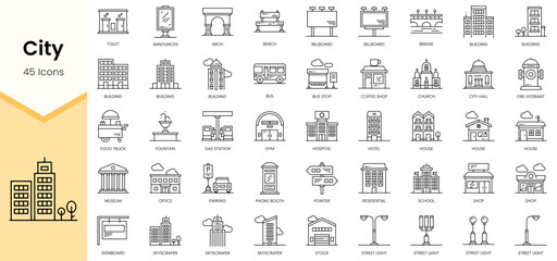 Simple Outline Set of City icons. Linear style icons pack. Vector illustration