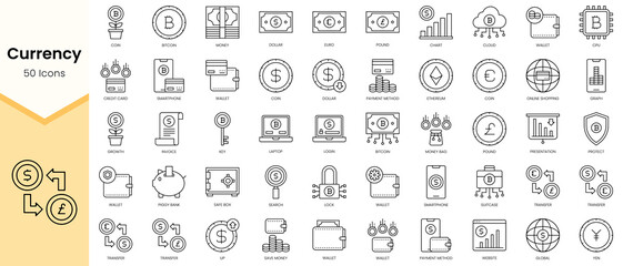 Simple Outline Set of Currency icons. Linear style icons pack. Vector illustration