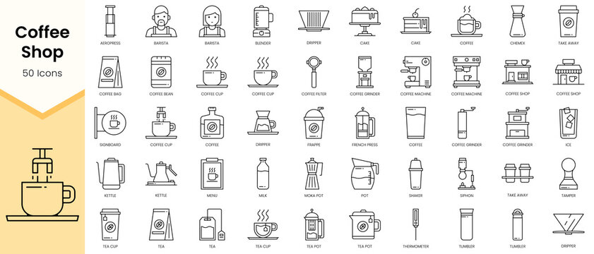 Simple Outline Set of Coffee Shop icons. Linear style icons pack. Vector illustration