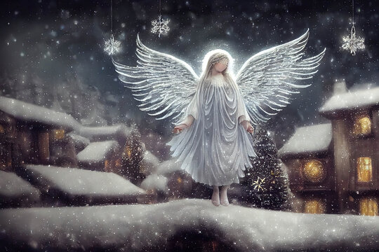 Beautiful white angel on a house roof in a small town, winter, snowfall, painting style, AI generated image