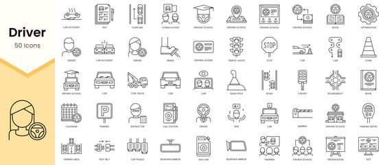 Fototapeta na wymiar Simple Outline Set of Driver icons. Linear style icons pack. Vector illustration
