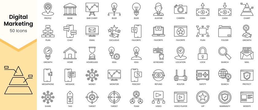 Simple Outline Set of Digital Marketing icons. Linear style icons pack. Vector illustration