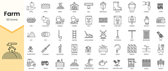Simple Outline Set of Farm icons. Linear style icons pack. Vector illustration
