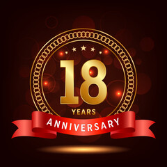 18th Anniversary Logo Design. Golden number 18 with sparkling confetti and ribbon, Vector Template Illustration