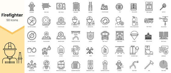 Obraz na płótnie Canvas Simple Outline Set of Firefighter icons. Linear style icons pack. Vector illustration