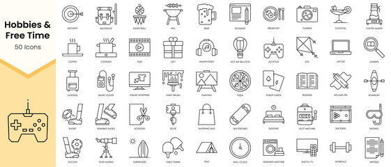 Simple Outline Set of Hobbies and Free Time icons. Linear style icons pack. Vector illustration
