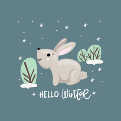 Obraz na płótnie Canvas Vector image of a cute rabbit in winter. Use on bed linen, baby clothes, tablecloth, fabric