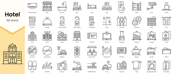 Naklejka na ściany i meble Simple Outline Set of Hotel icons. Linear style icons pack. Vector illustration